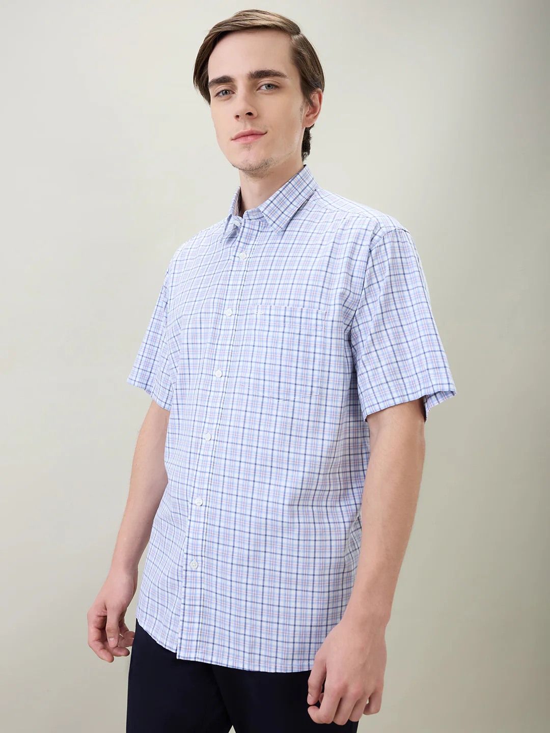 Colorplus Men White Checks Comfort Fit Cotton Half Sleeve Casual Shirt - Image 3