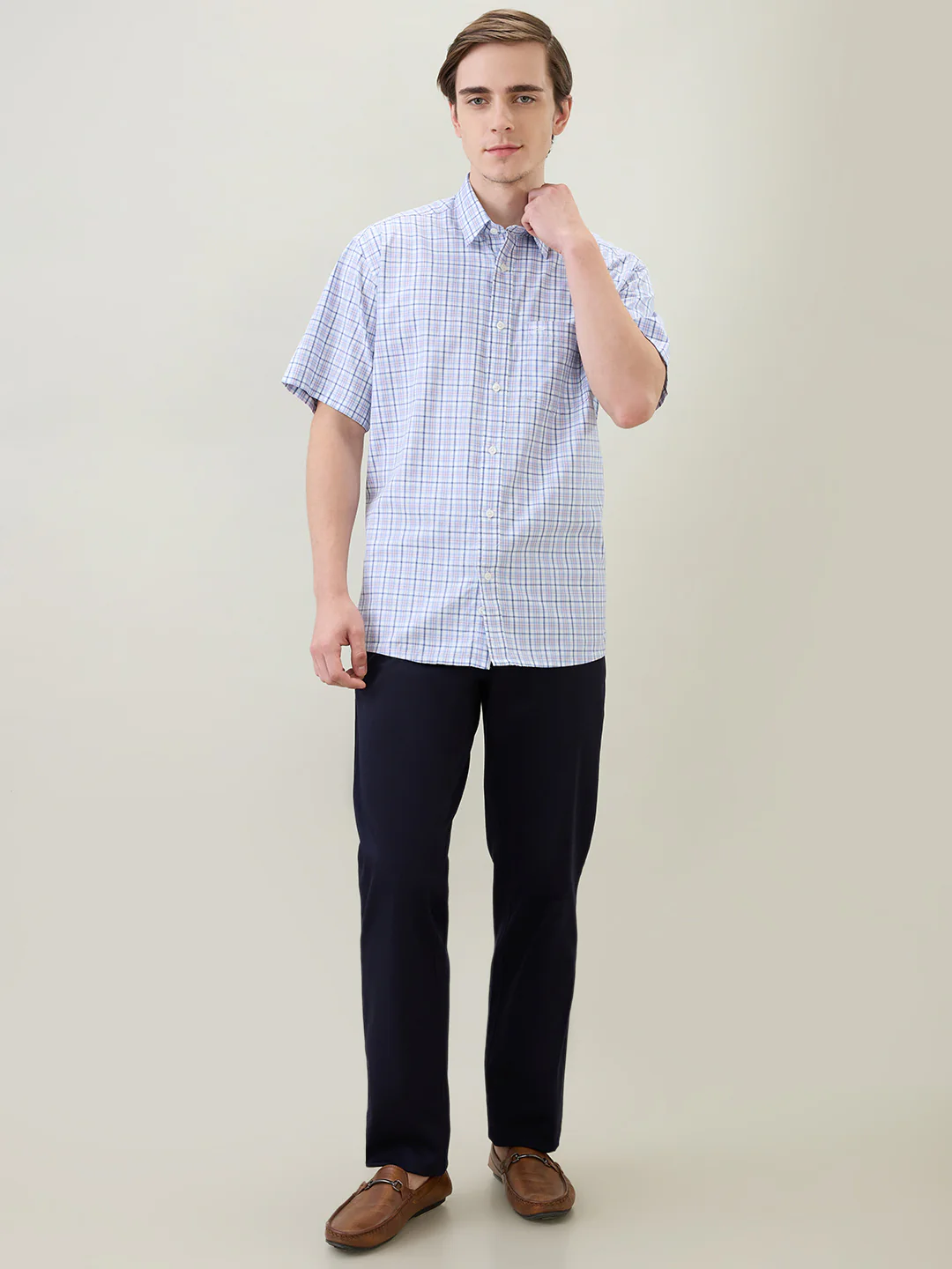 Colorplus Men White Checks Comfort Fit Cotton Half Sleeve Casual Shirt - Image 5