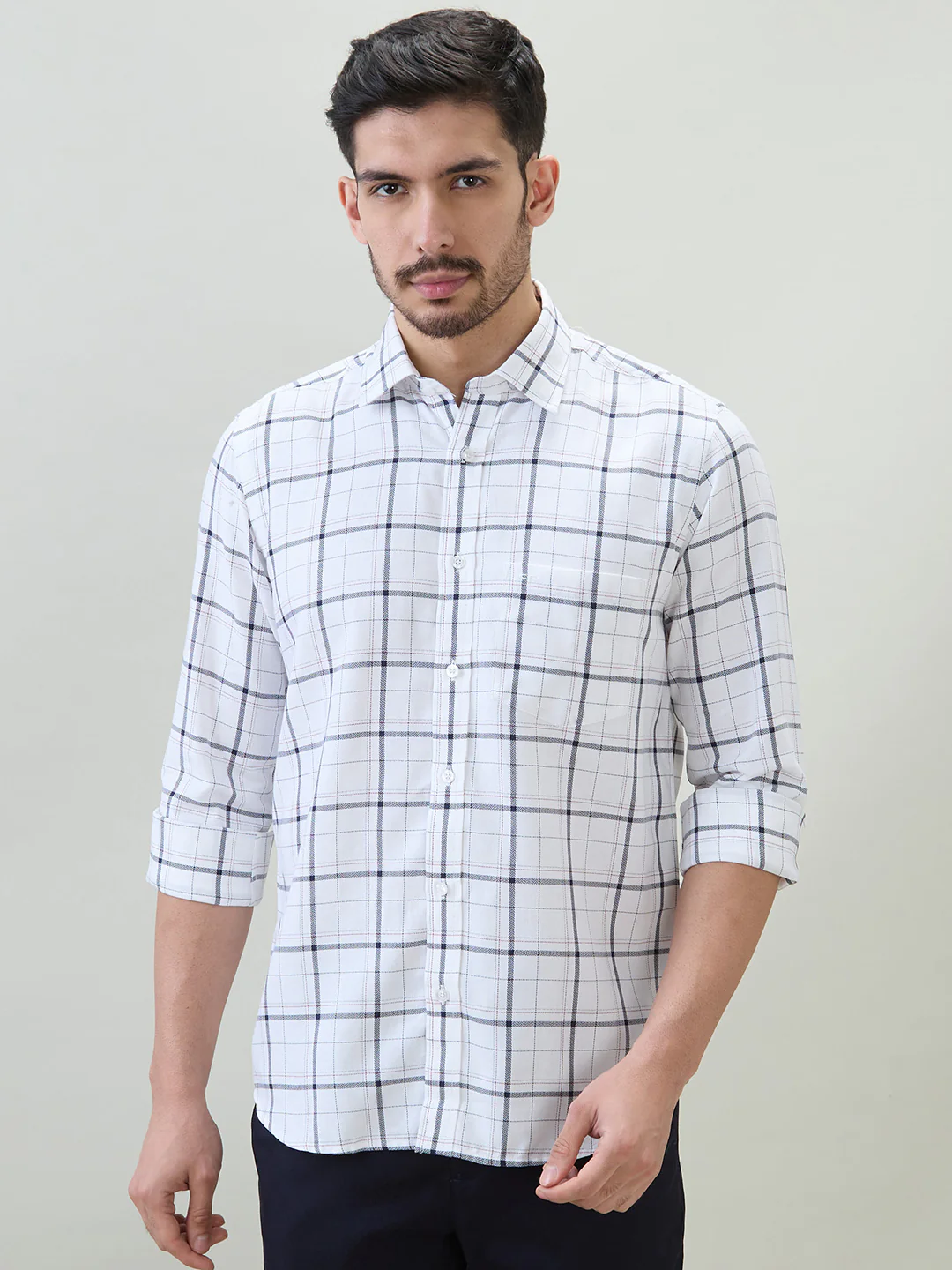 Colorplus Men White Checks Regular Fit Cotton Casual Shirt