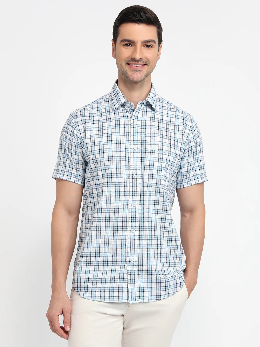 Colorplus Men White Checks Regular Fit Cotton Casual Shirt