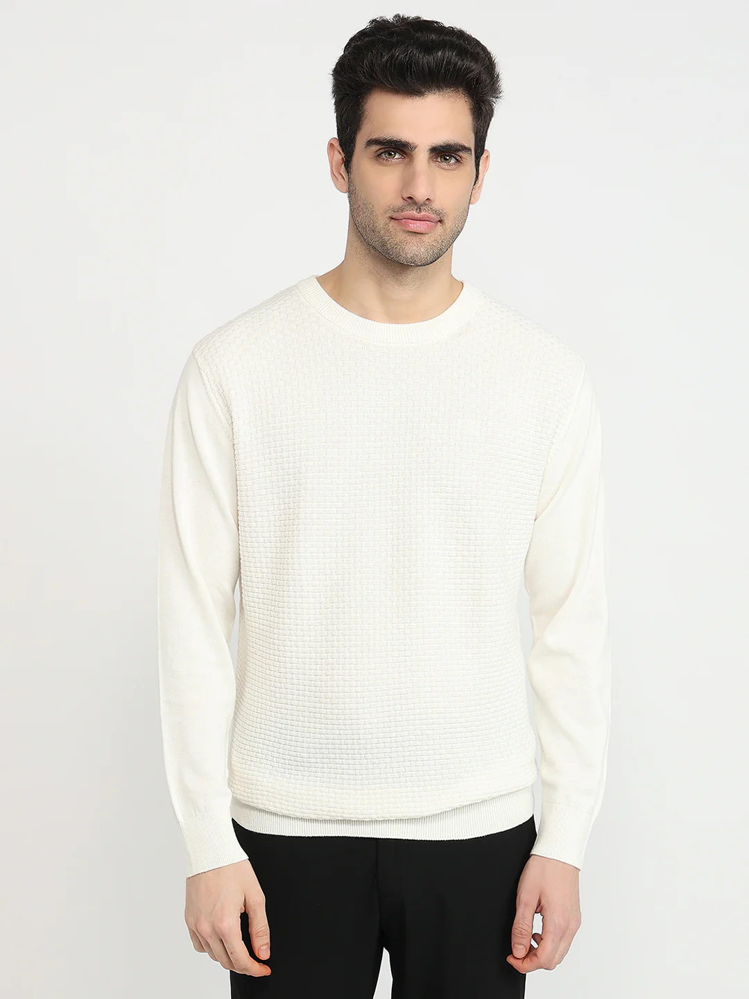 Colorplus Men White Jacquard Regular Fit Cotton Sweatshirt