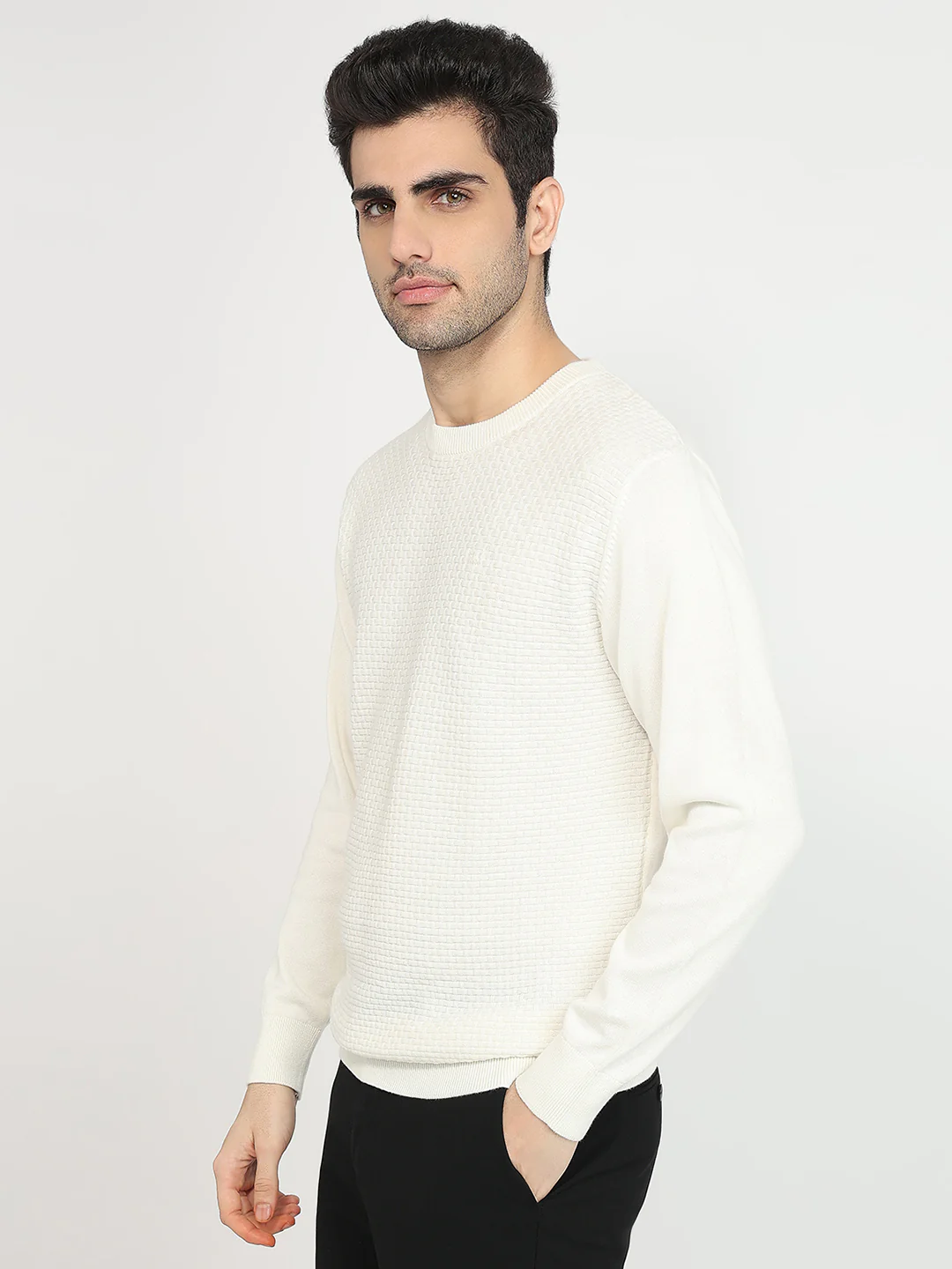 Colorplus Men White Jacquard Regular Fit Cotton Sweatshirt - Image 2