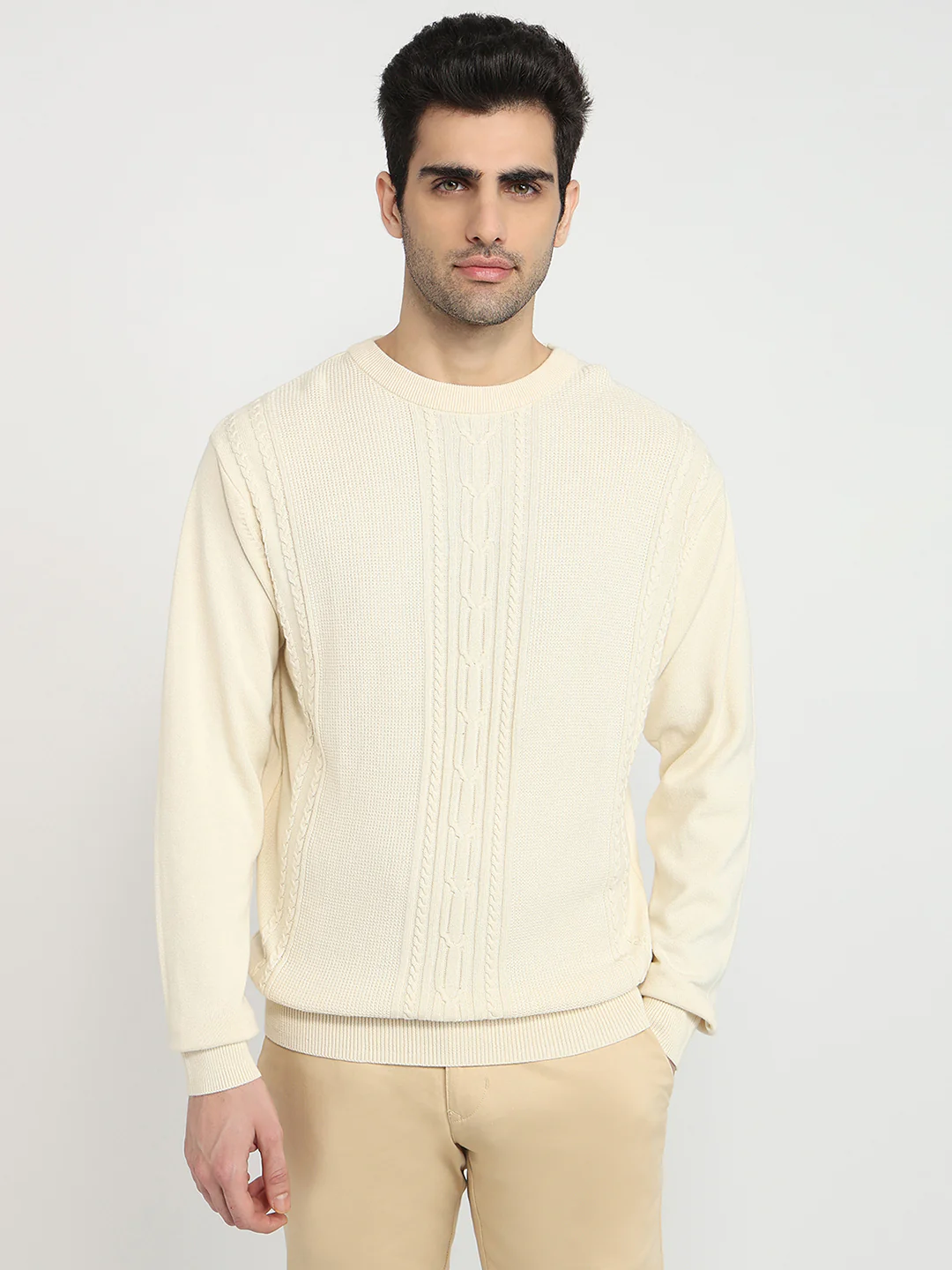 Colorplus Men White Jacquard Regular Fit Cotton Sweatshirt