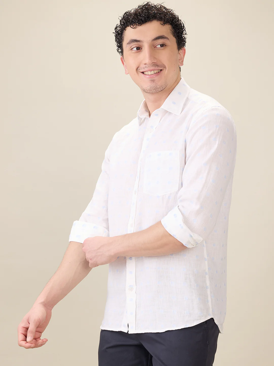 Colorplus Men White Jacquard Regular Fit Linen Blend Full Sleeve Casual Shirt - Image 3