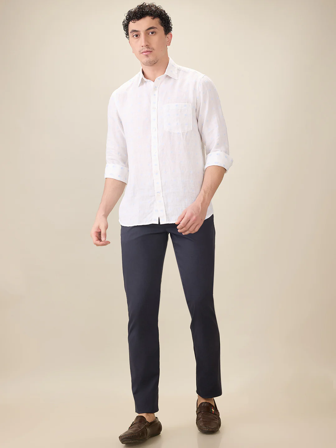 Colorplus Men White Jacquard Regular Fit Linen Blend Full Sleeve Casual Shirt - Image 5
