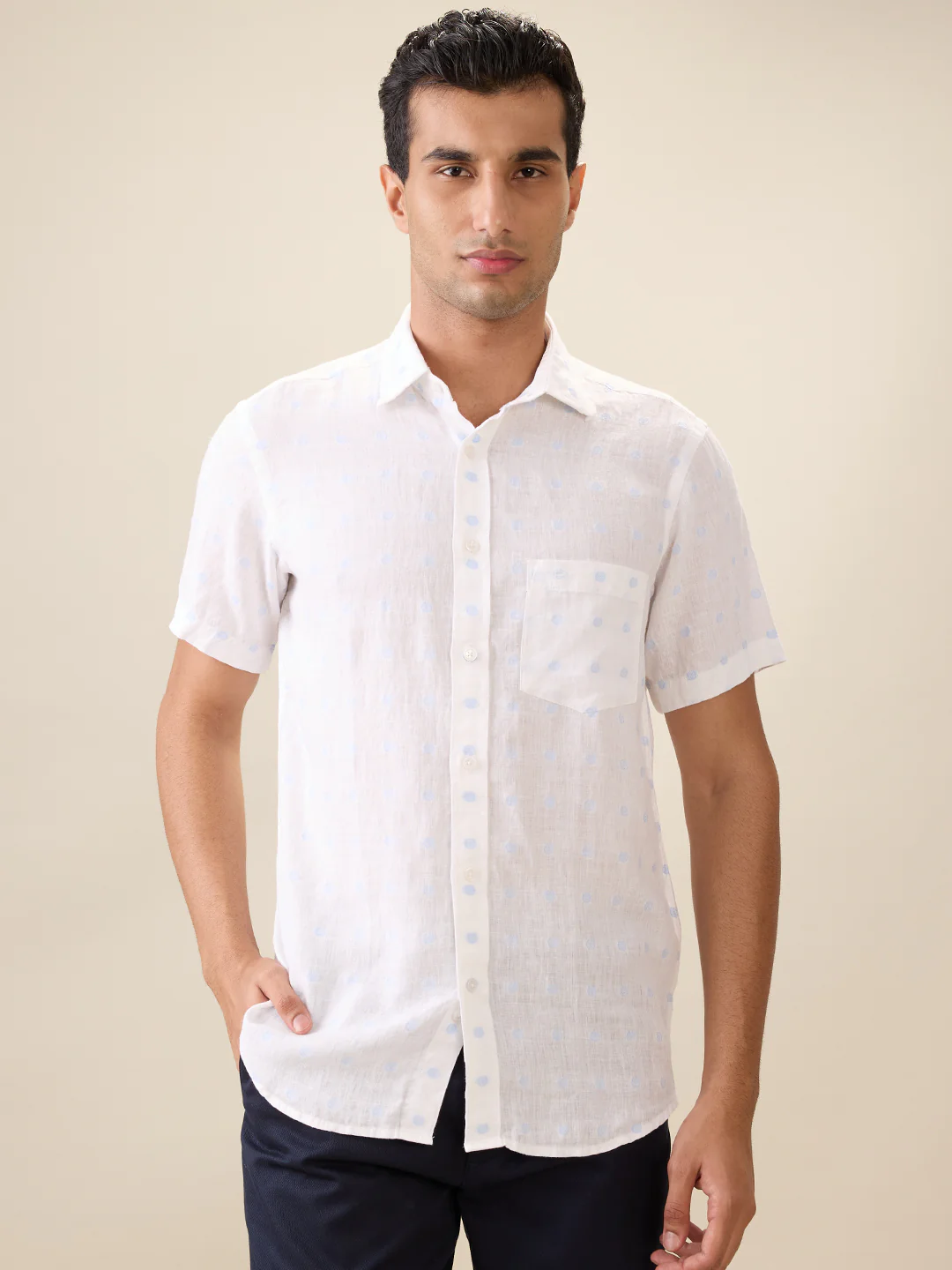 Colorplus Men White Jacquard Regular Fit Linen Blend Half Sleeve Casual Shirt