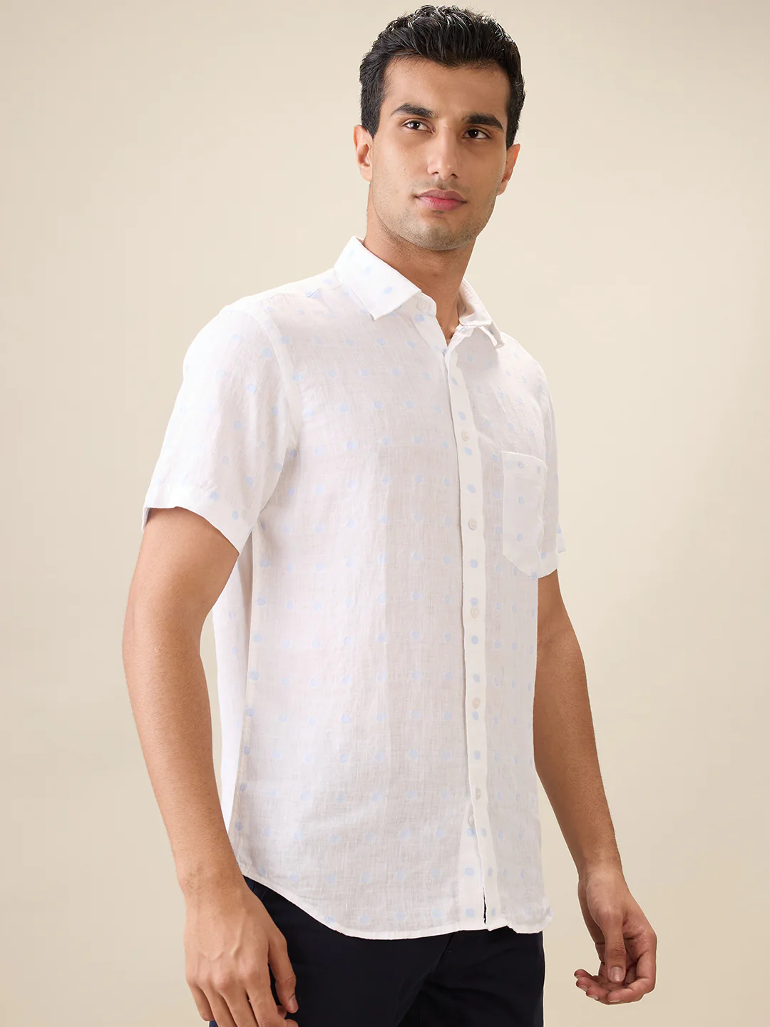 Colorplus Men White Jacquard Regular Fit Linen Blend Half Sleeve Casual Shirt - Image 2