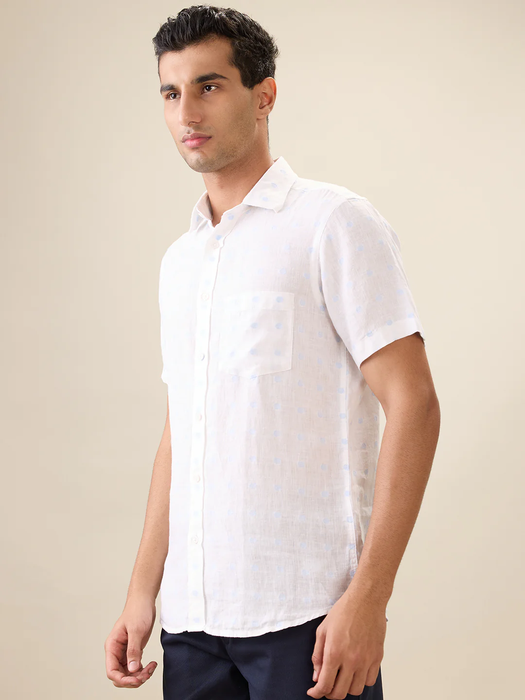 Colorplus Men White Jacquard Regular Fit Linen Blend Half Sleeve Casual Shirt - Image 3