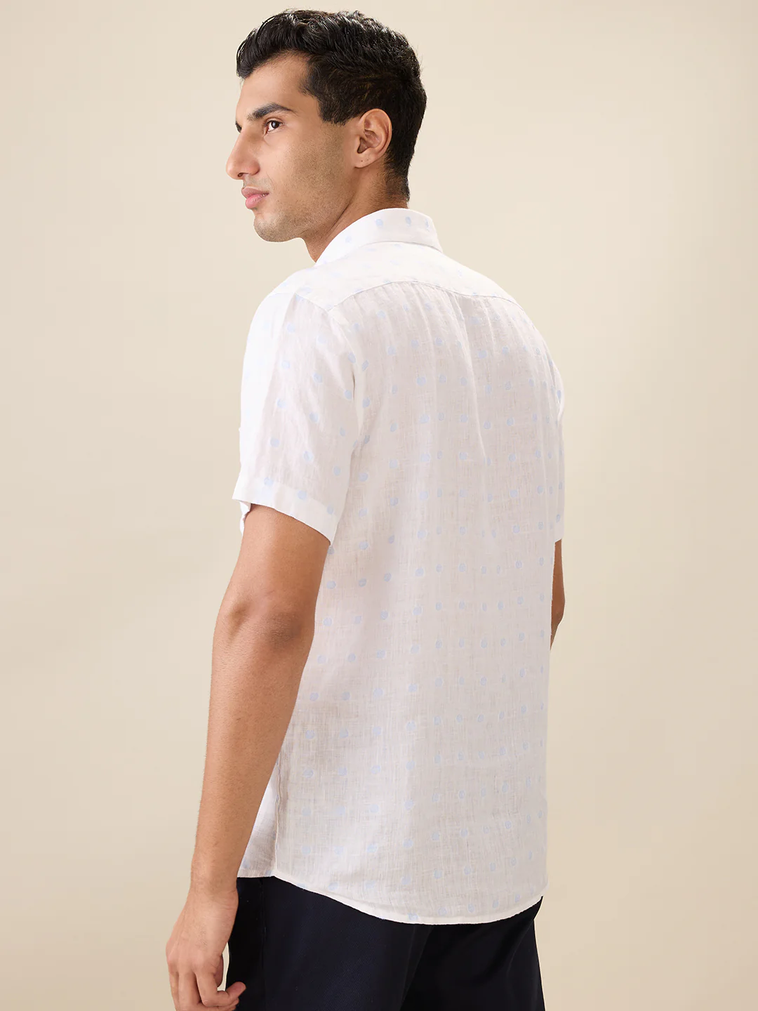 Colorplus Men White Jacquard Regular Fit Linen Blend Half Sleeve Casual Shirt - Image 4