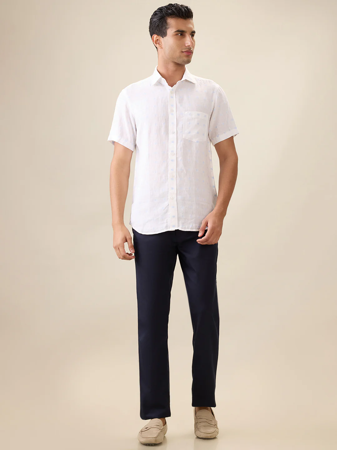Colorplus Men White Jacquard Regular Fit Linen Blend Half Sleeve Casual Shirt - Image 5