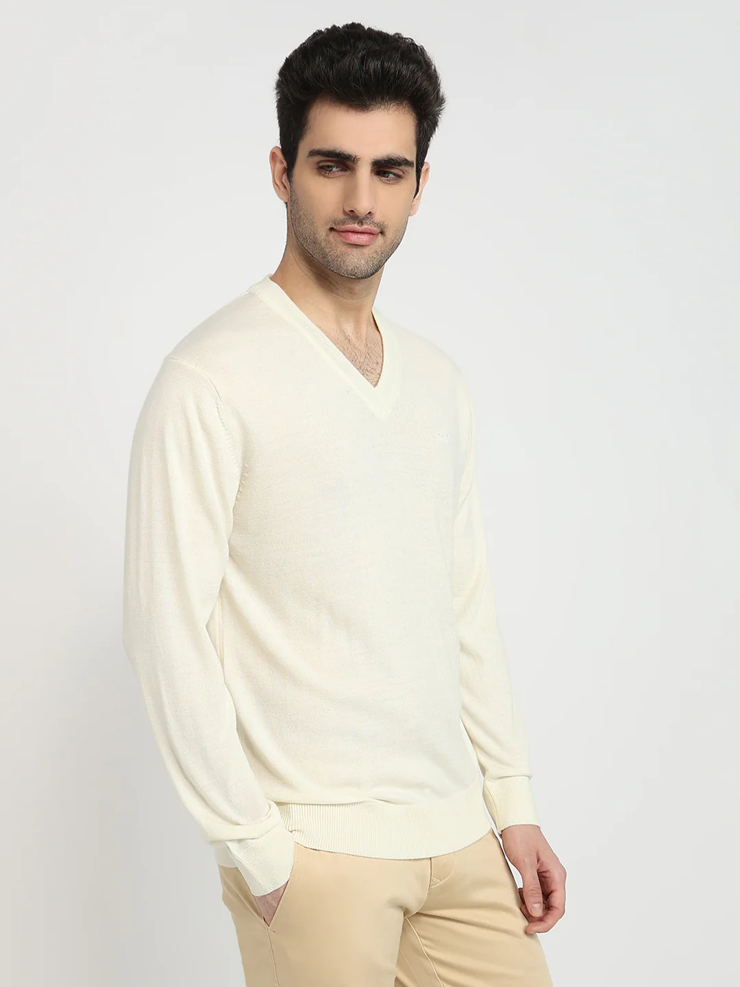 Colorplus Men White Plain Regular Fit Wool Blend Sweatshirt - Image 3