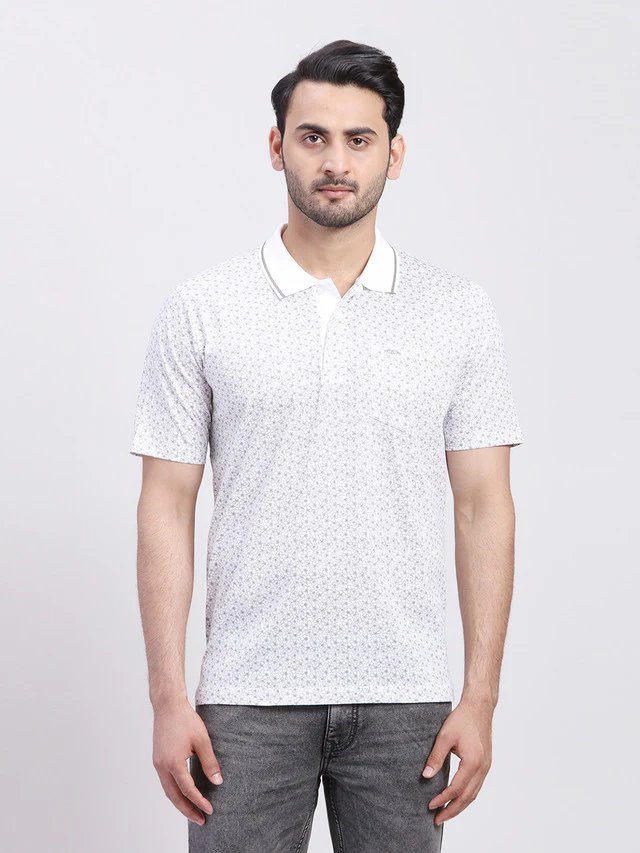 Colorplus Men White Printed Regular Fit Half Sleeve Polo Neck T-Shirt
