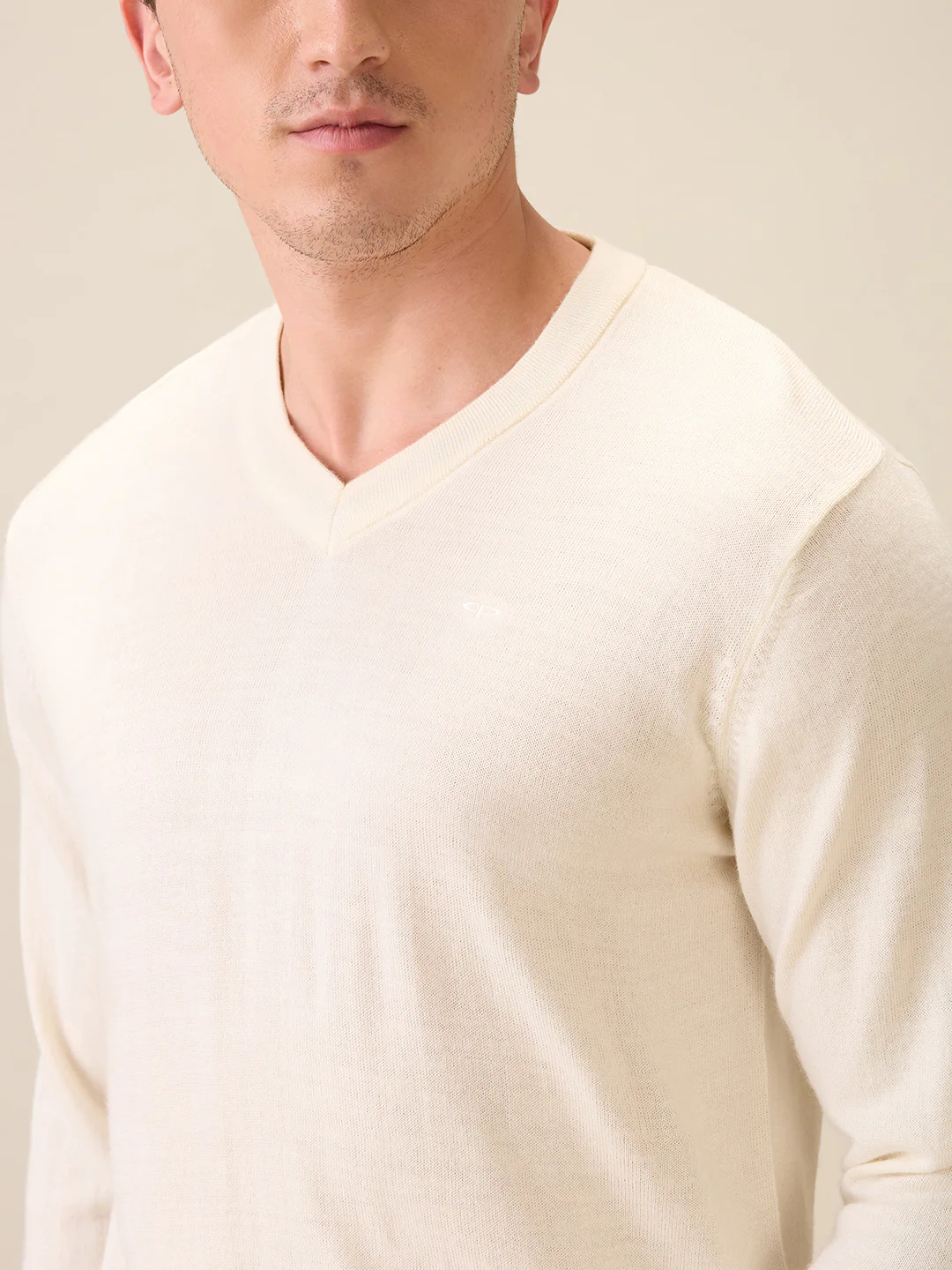 Colorplus Men White Solid Regular Fit Wool Blend Full Sleeve V Neck Collar Sweater - Image 6