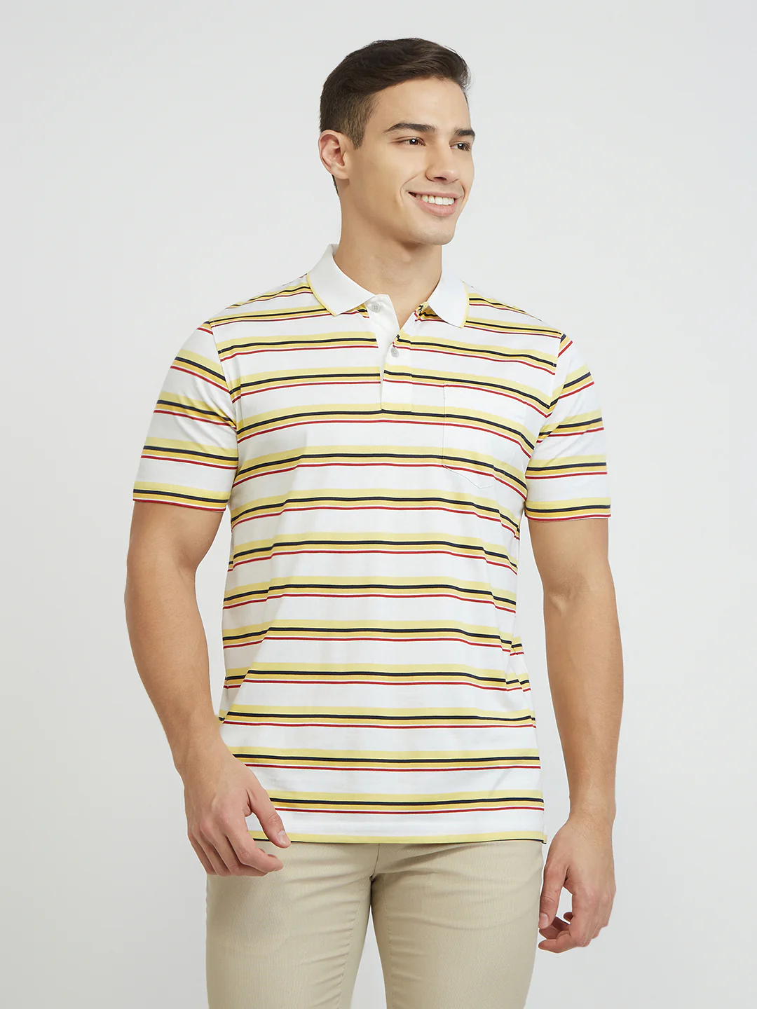 ColorPlus Men White Stripe Classic Fit Cotton T-Shirt