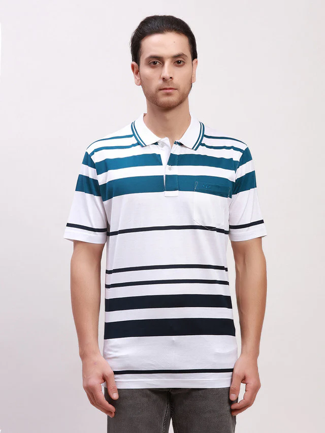 Colorplus Men White Striped Classic Fit Half Sleeve Polo Neck T-Shirt