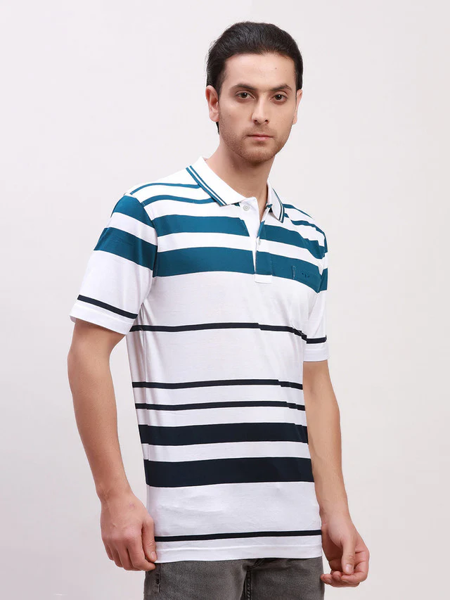 Colorplus Men White Striped Classic Fit Half Sleeve Polo Neck T-Shirt - Image 2