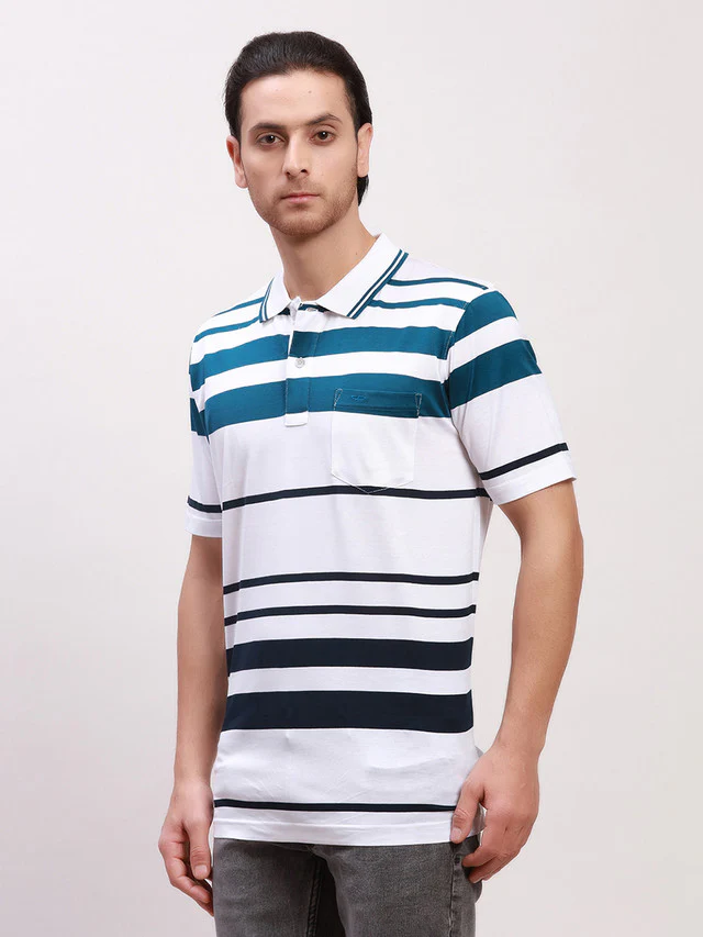 Colorplus Men White Striped Classic Fit Half Sleeve Polo Neck T-Shirt - Image 3