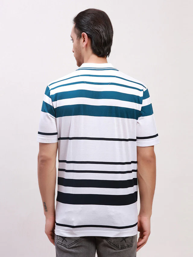 Colorplus Men White Striped Classic Fit Half Sleeve Polo Neck T-Shirt - Image 4