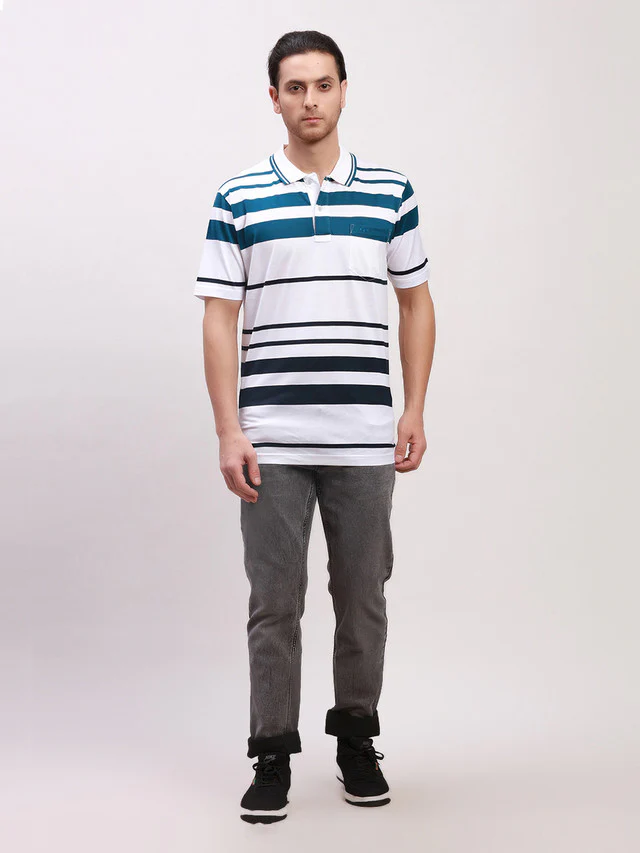 Colorplus Men White Striped Classic Fit Half Sleeve Polo Neck T-Shirt - Image 5