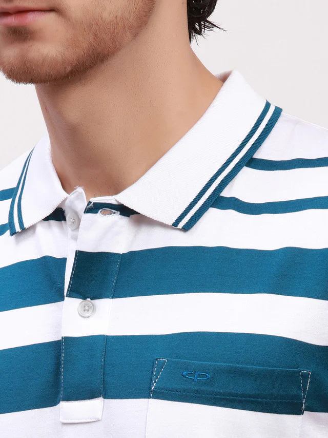 Colorplus Men White Striped Classic Fit Half Sleeve Polo Neck T-Shirt - Image 6