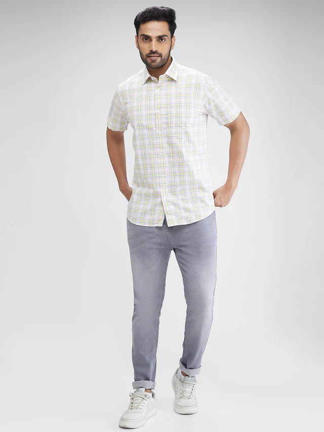 Colorplus Men Yellow Checkered Regular Fit Half Sleeve Spread Collar Shirt - Image 5