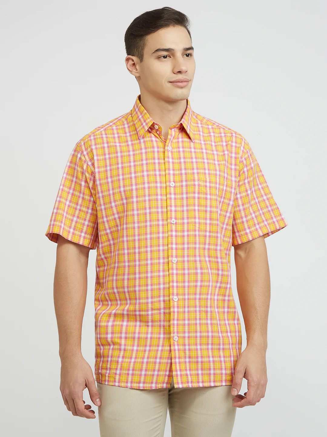 ColorPlus Men Yellow Checks Classic Fit Viscose Blend Shirt