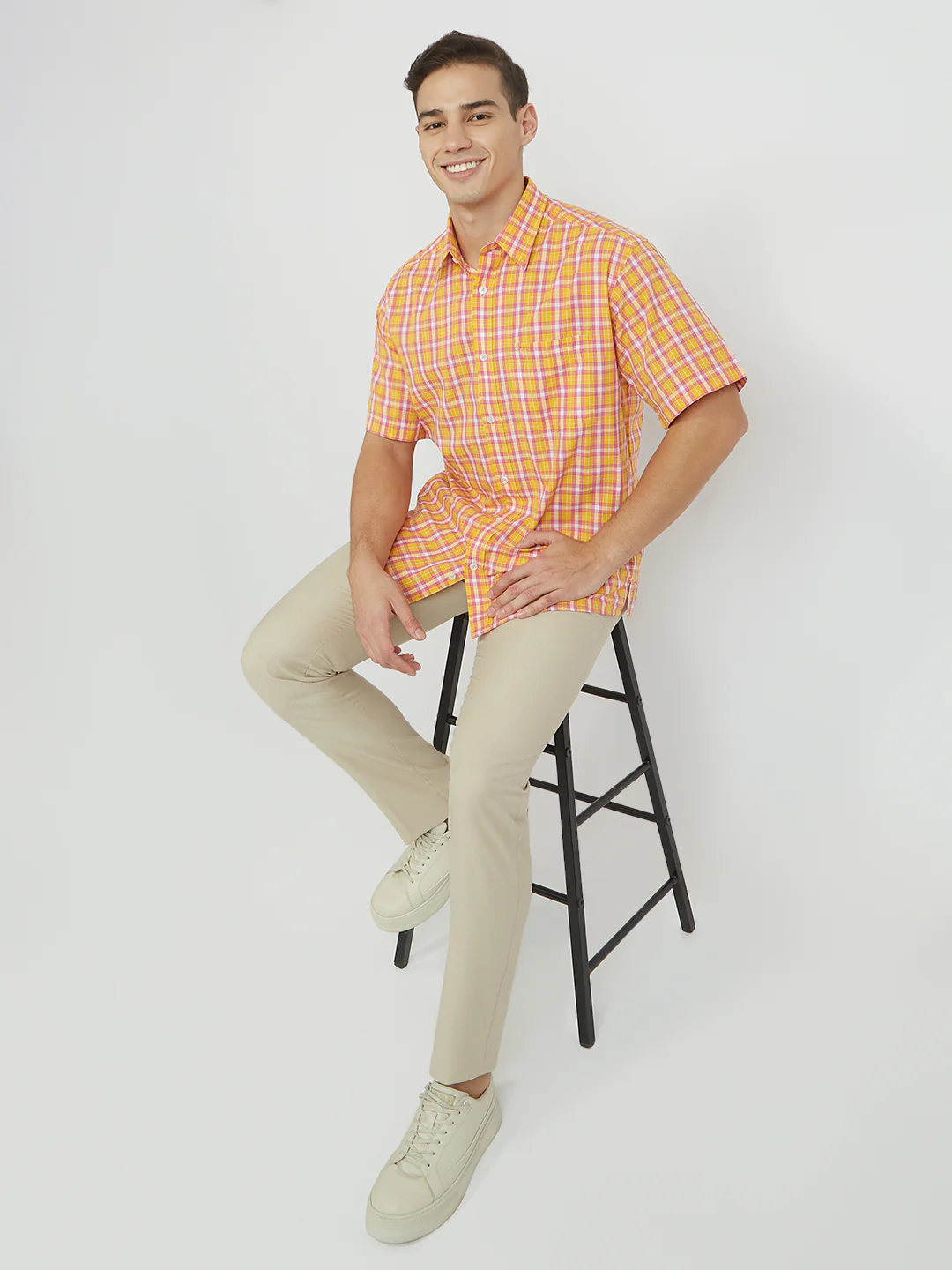 ColorPlus Men Yellow Checks Classic Fit Viscose Blend Shirt - Image 5