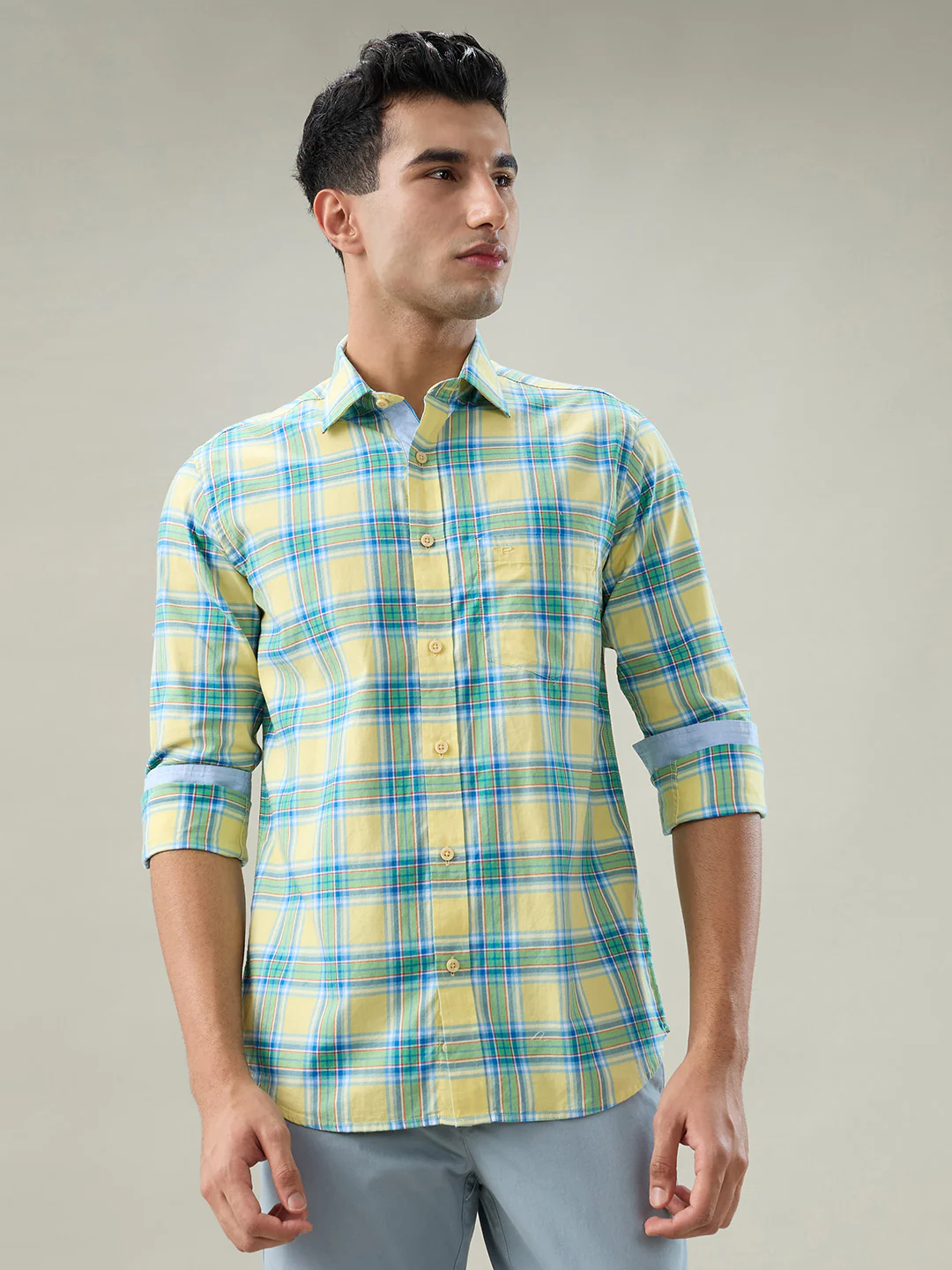 Colorplus Men Yellow Checks Regular Fit Cotton Shirt