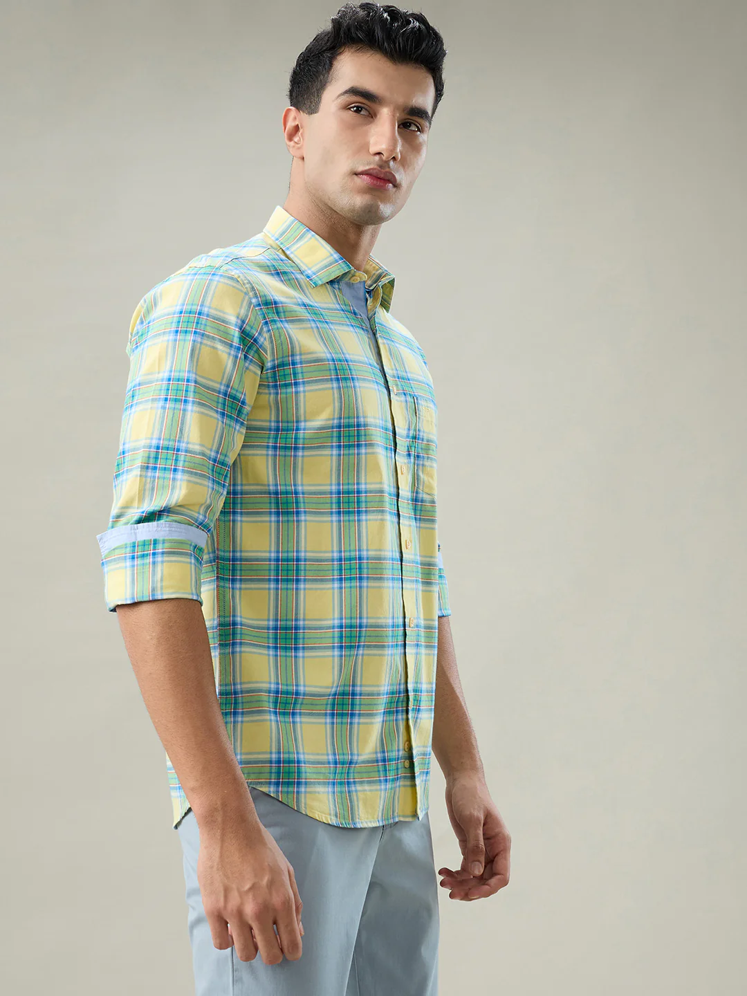 Colorplus Men Yellow Checks Regular Fit Cotton Shirt - Image 2
