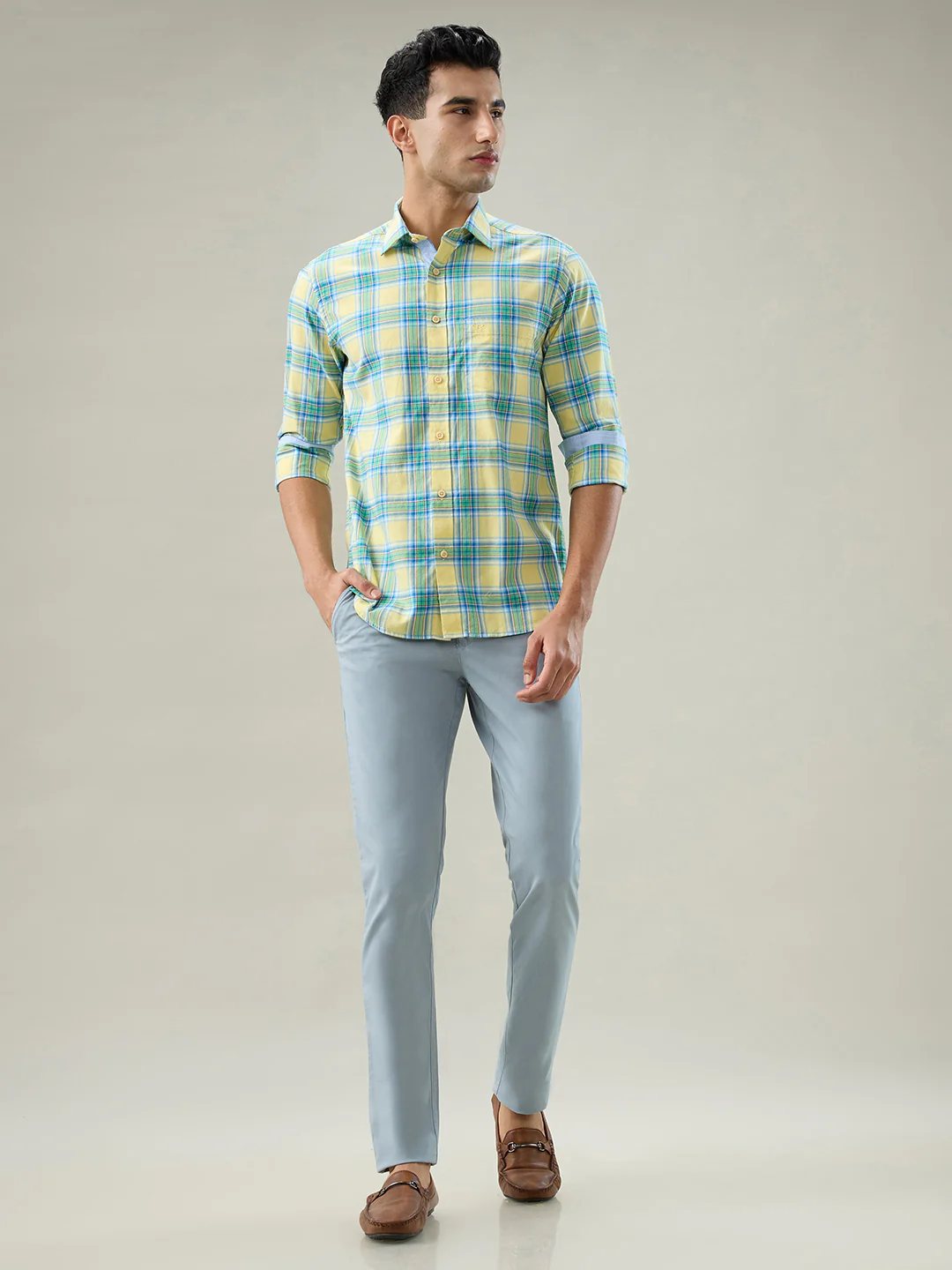 Colorplus Men Yellow Checks Regular Fit Cotton Shirt - Image 5