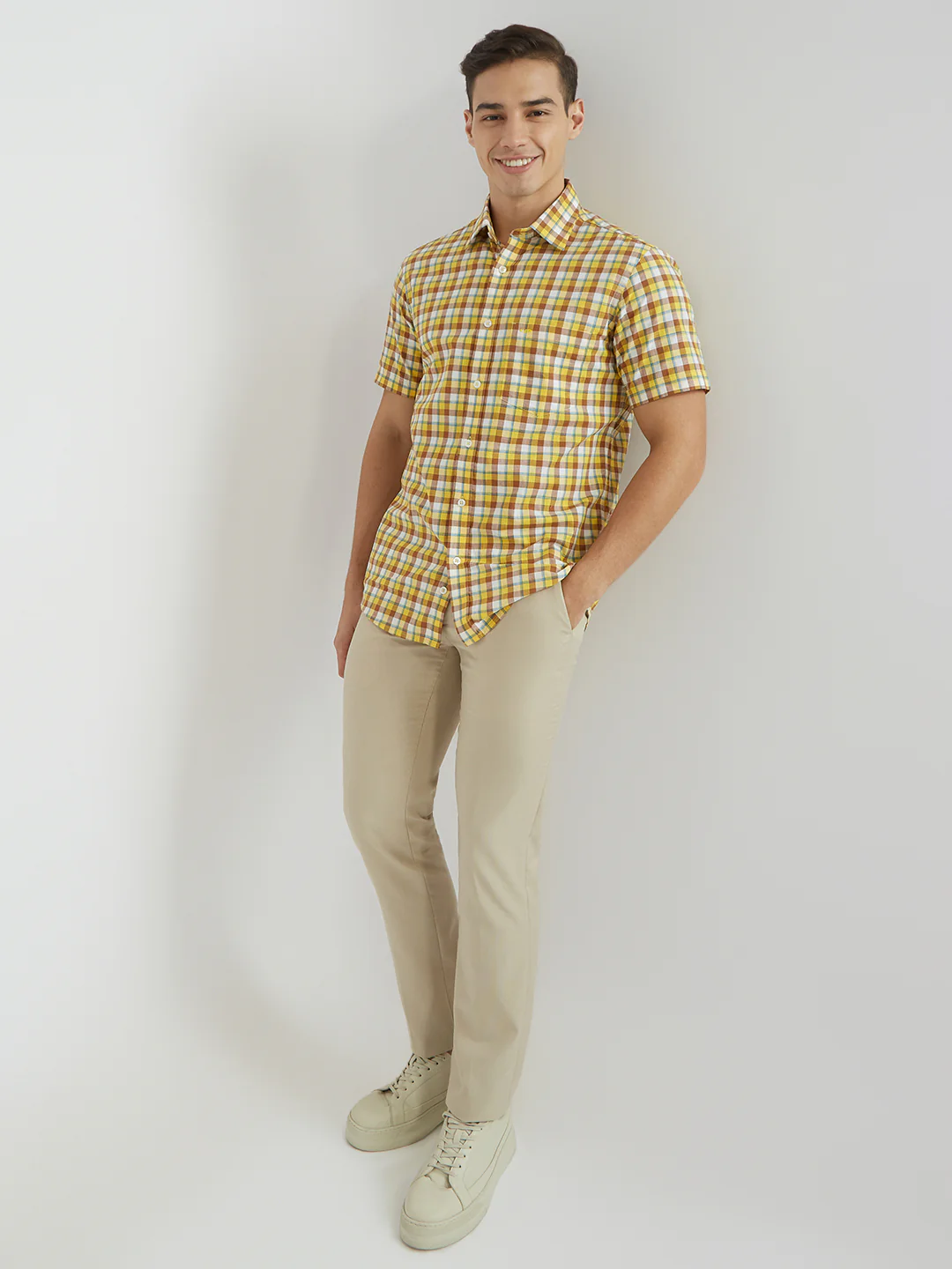 ColorPlus Men Yellow Checks Tailored Fit Cotton Shirt - Image 5