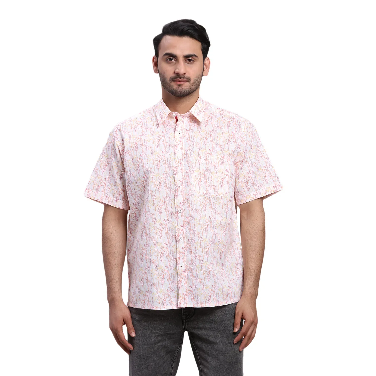 ColorPlus Men Yellow Print Comfort Fit Cotton Blend Half Sleeve Shirt