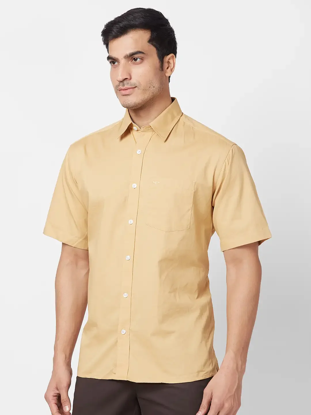 ColorPlus Men Yellow Solid Classic Fit Cotton Half Sleeve Shirt - Image 3