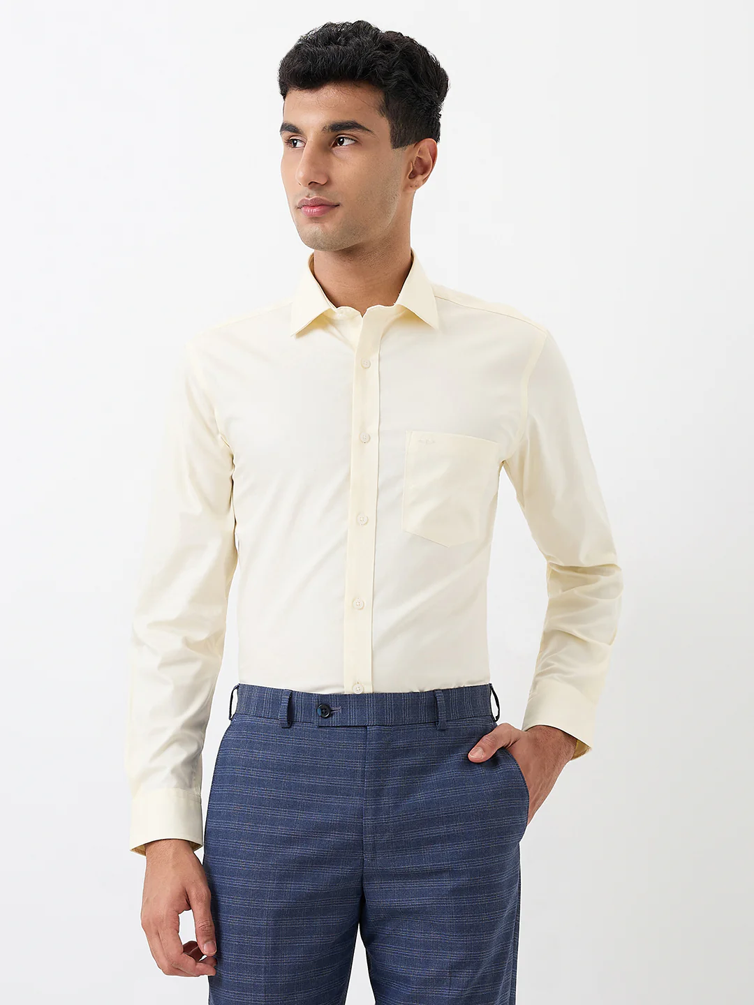 Colorplus Men Yellow Solid Regular Fit Cotton Blend Shirt