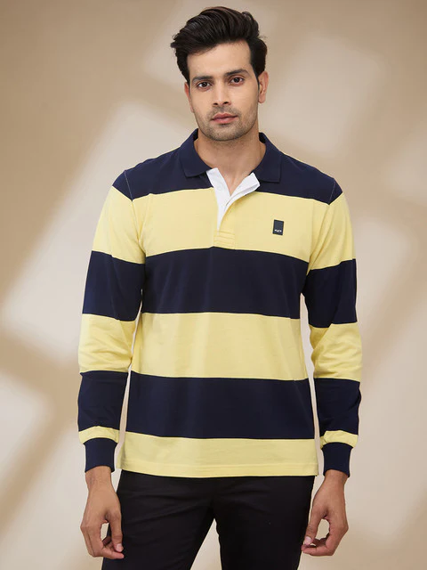 Colorplus Men Yellow Stripe Regular Fit Cotton T-Shirt