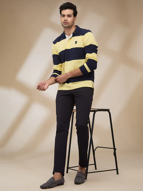Colorplus Men Yellow Stripe Regular Fit Cotton T-Shirt - Image 2