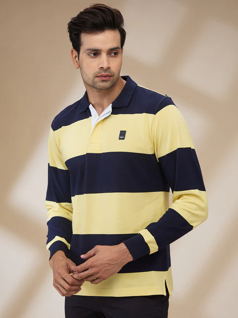 Colorplus Men Yellow Stripe Regular Fit Cotton T-Shirt - Image 3