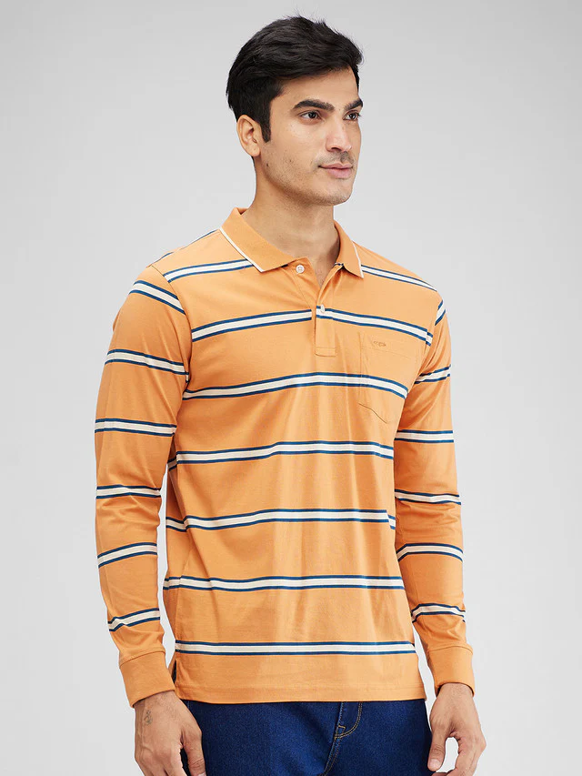 Colorplus Orange Stripe Regular Fit Full Sleeve Cotton T-Shirt - Image 2