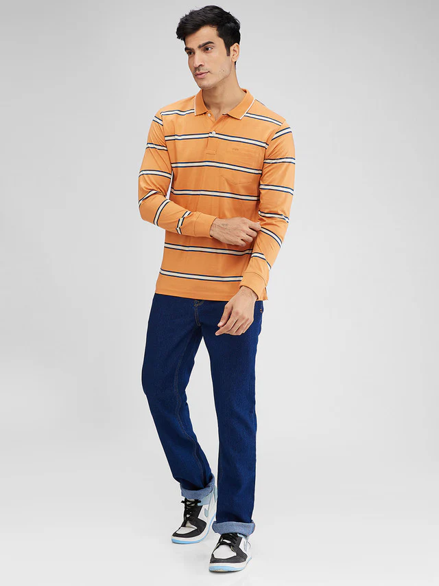 Colorplus Orange Stripe Regular Fit Full Sleeve Cotton T-Shirt - Image 5