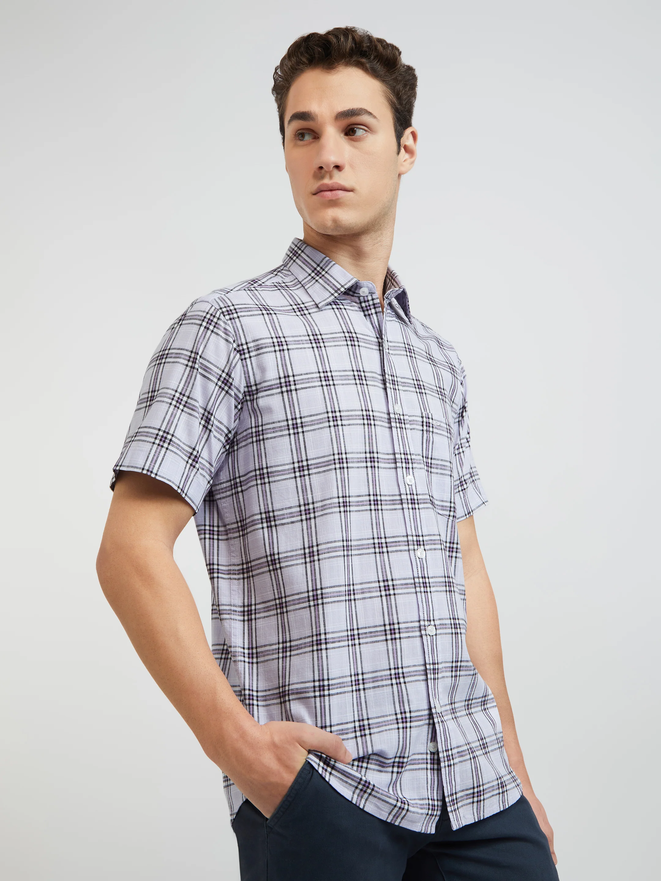 Colorplus Purple Checks Regular Fit Cotton Casual Shirt - Image 2