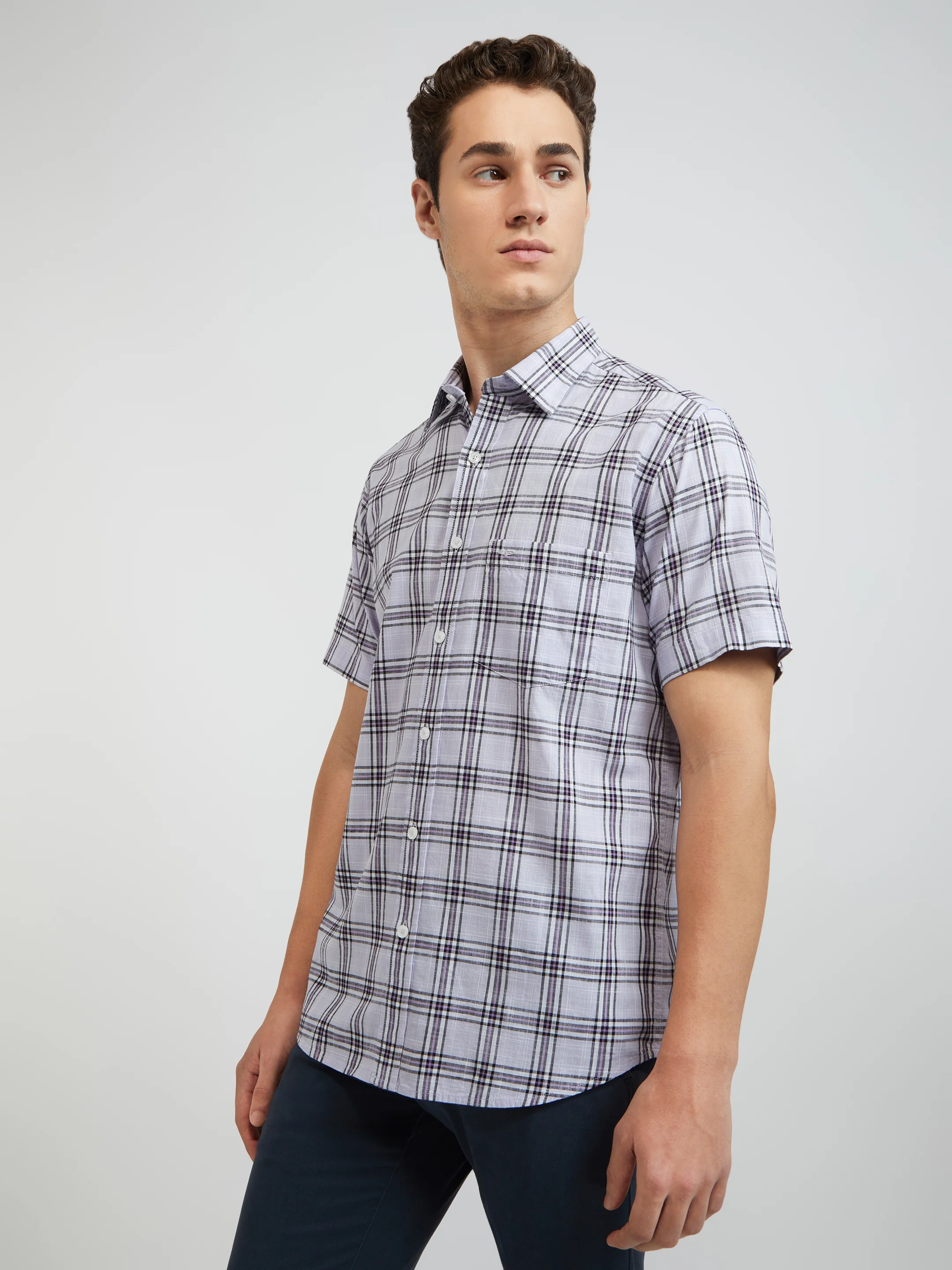 Colorplus Purple Checks Regular Fit Cotton Casual Shirt - Image 3