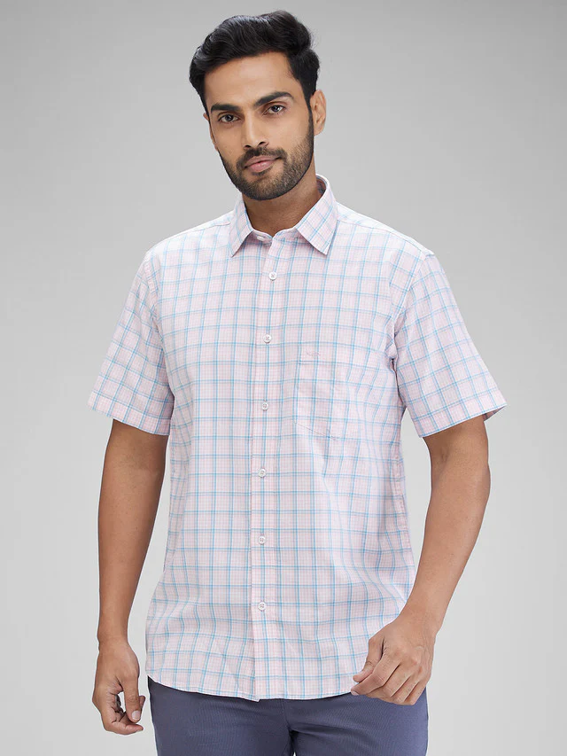 Colorplus Men Pink Checks Tailored Fit Cotton Casual Shirt