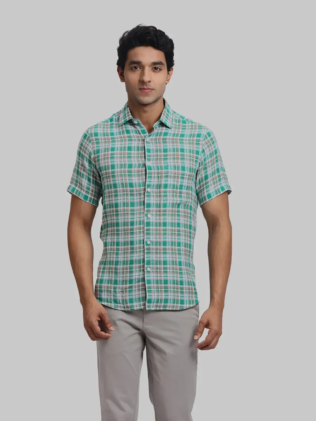 ColorPlus Regular Fit Checkered Dark Green Shirt