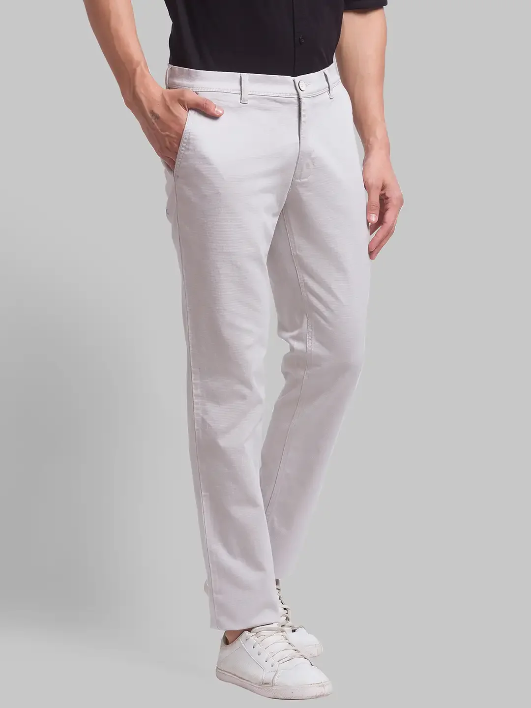 Men Beige Low Rise Tapered Fit Solid Cotton Blend Trouser - Image 2