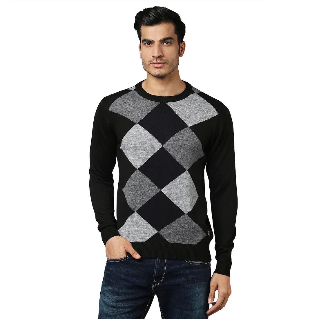 Men Black Argyle Acrylic Wool Blend Round Collar Sweaters