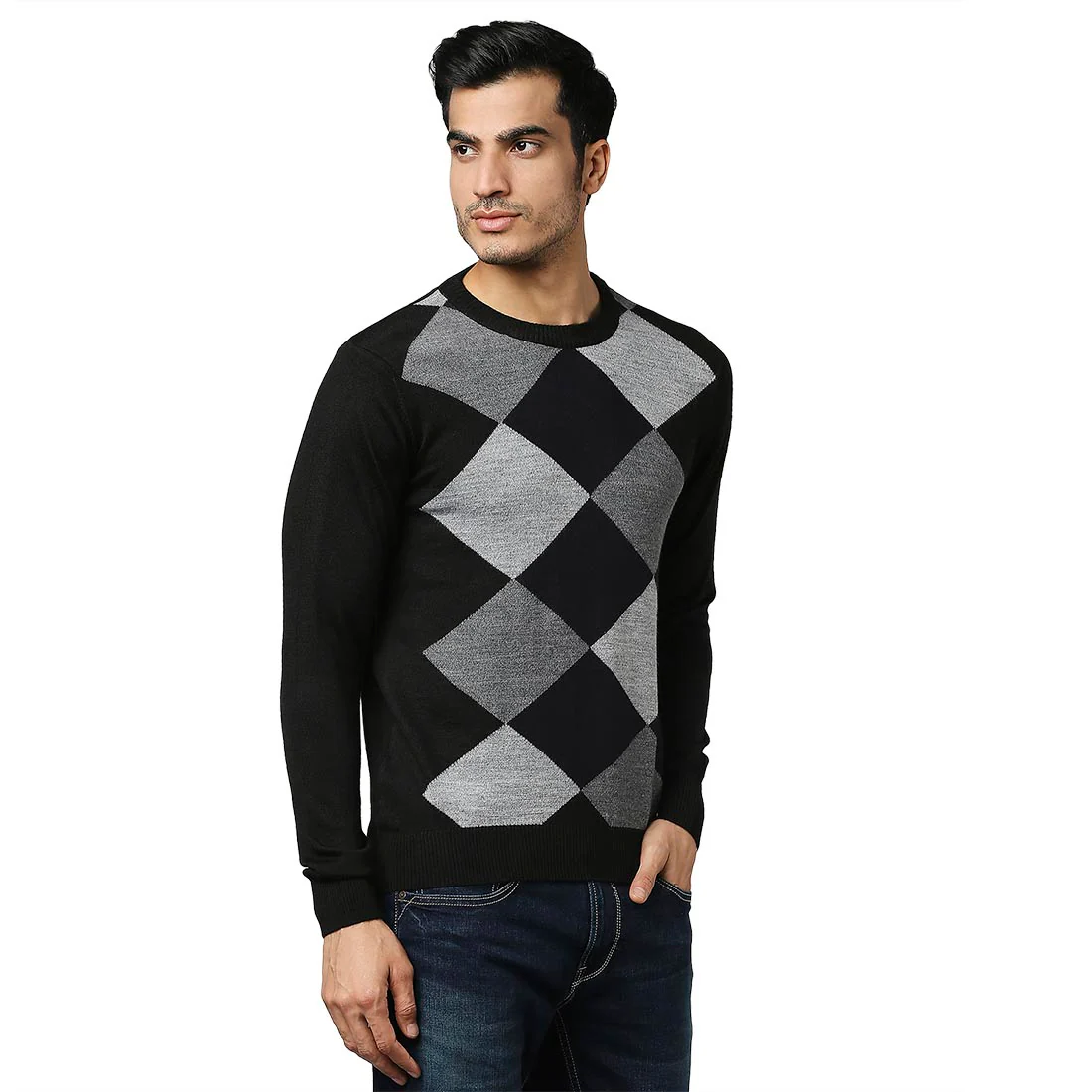 Men Black Argyle Acrylic Wool Blend Round Collar Sweaters - Image 2
