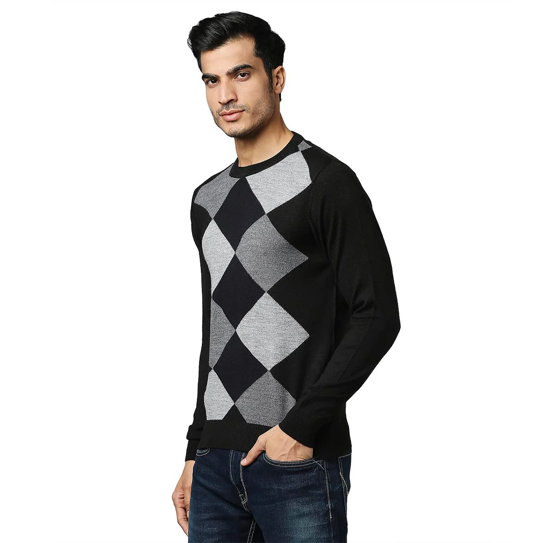 Men Black Argyle Acrylic Wool Blend Round Collar Sweaters - Image 3