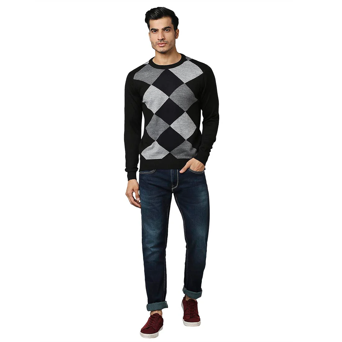 Men Black Argyle Acrylic Wool Blend Round Collar Sweaters - Image 5