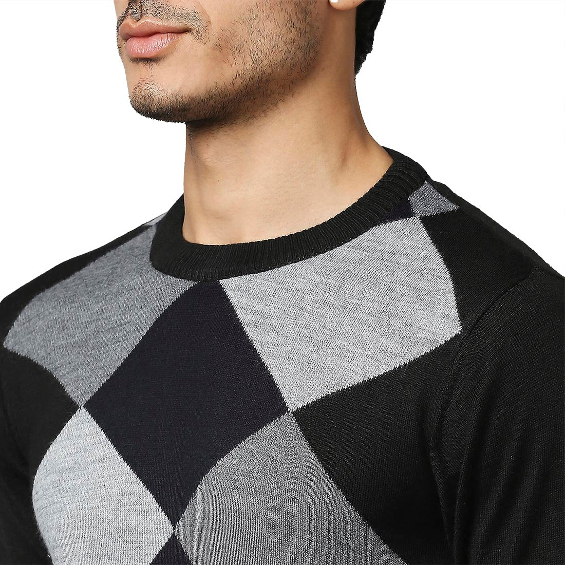 Men Black Argyle Acrylic Wool Blend Round Collar Sweaters - Image 6