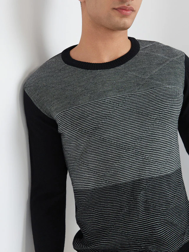Men Black Argyle Acrylic Wool Blend Round Collar Sweaters - Image 6